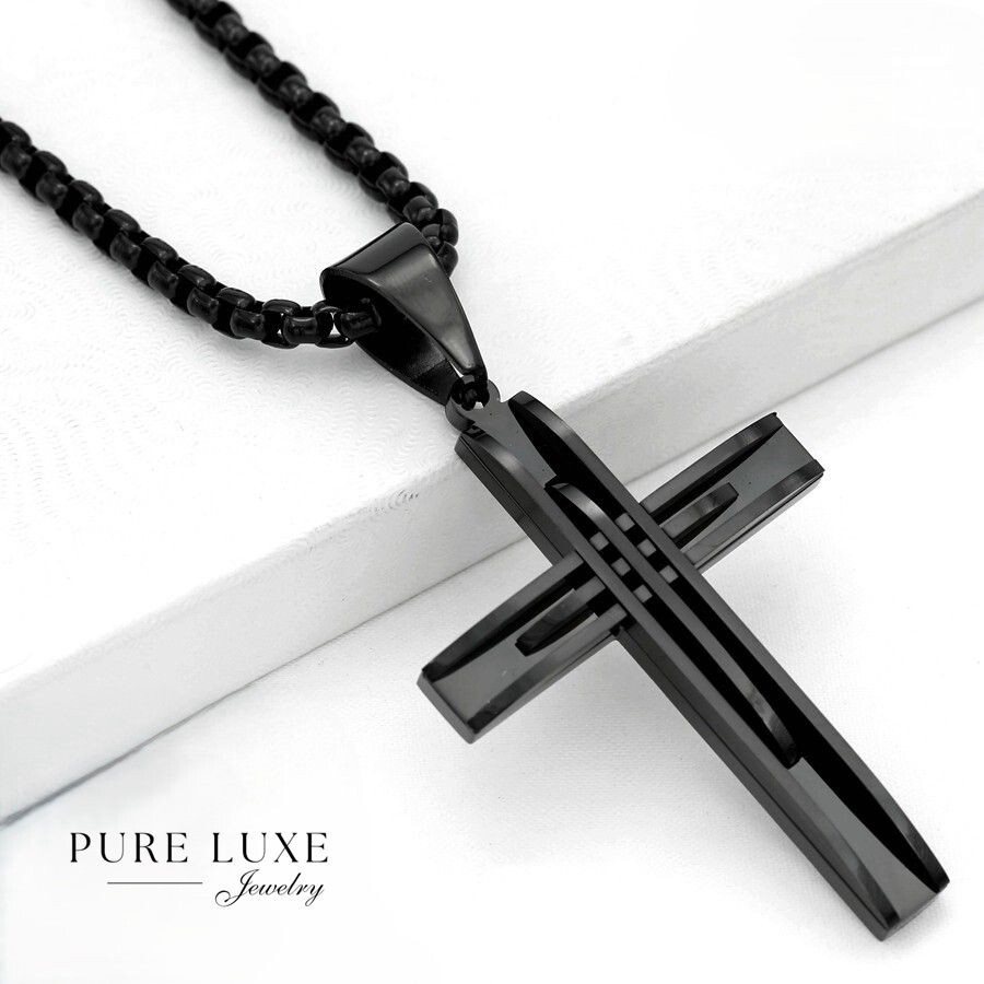 Men’s 24″ Black.Stainless-Steel.Box Chain,CROSS 75mm Pendant Ion Plated BOX
