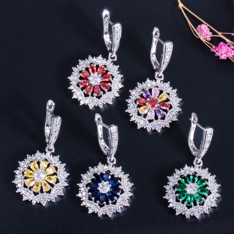 Pretty Flower Pendant Necklace Earrings Ring Set Silver Plated Women CZ Jewelry