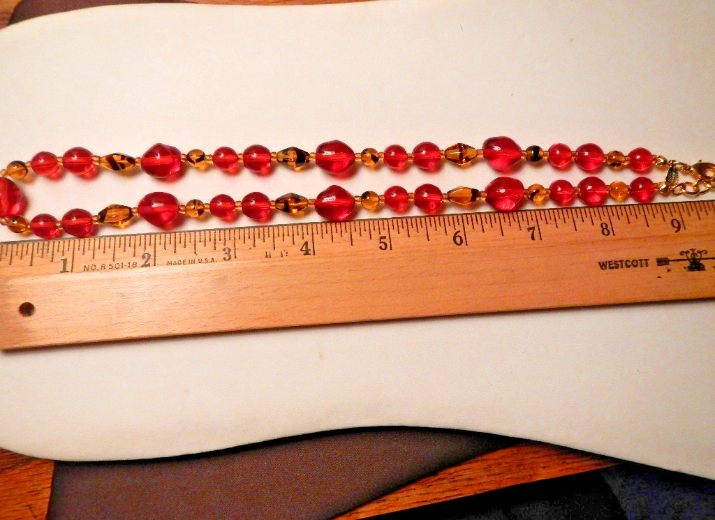 Vintage Donna Dressler Red & Amber Tortoise Style Art Glass Bead Necklace