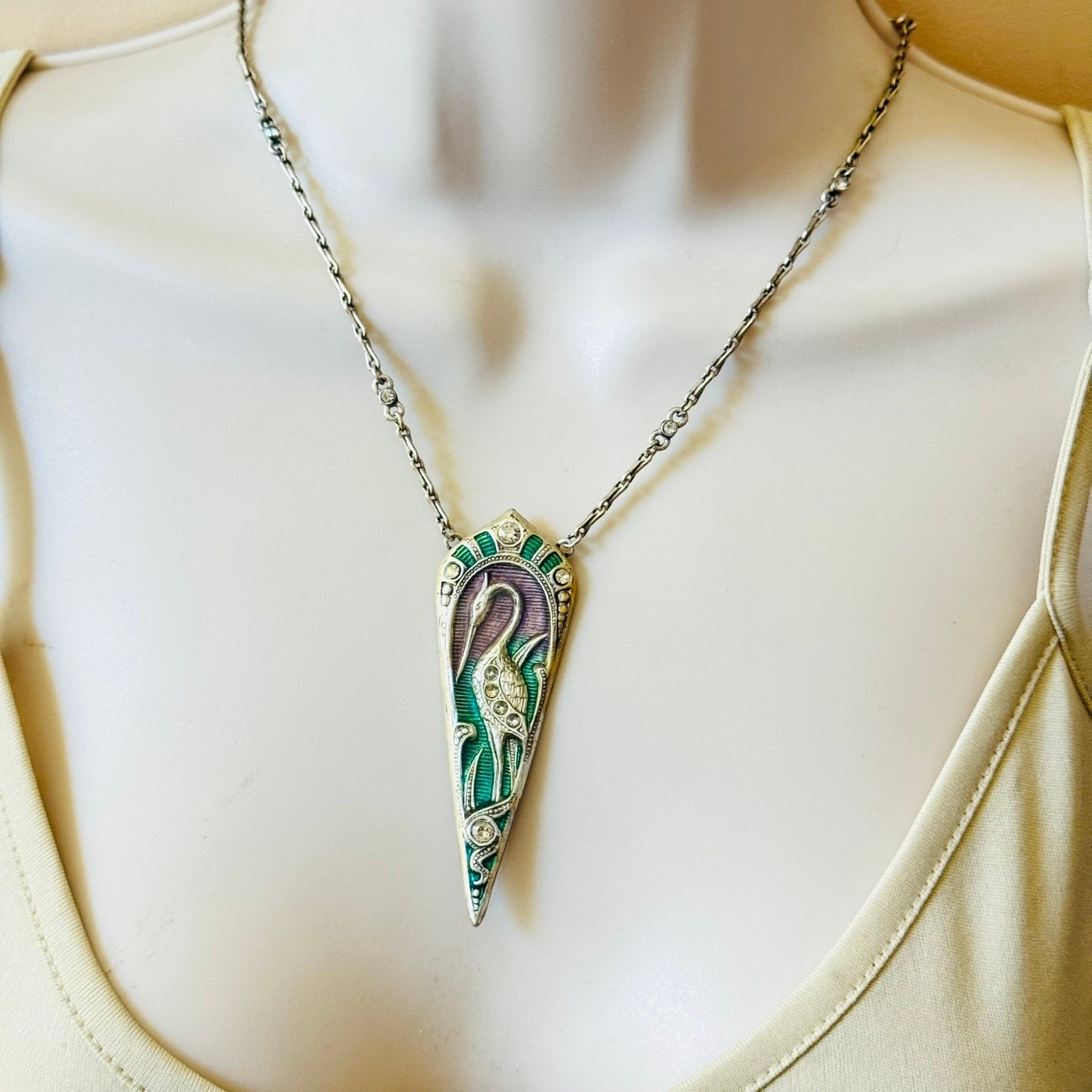 Sweet Romance USA Enamel Egret Art Nouveau Necklace Silver Enamel Rhinestone 22″