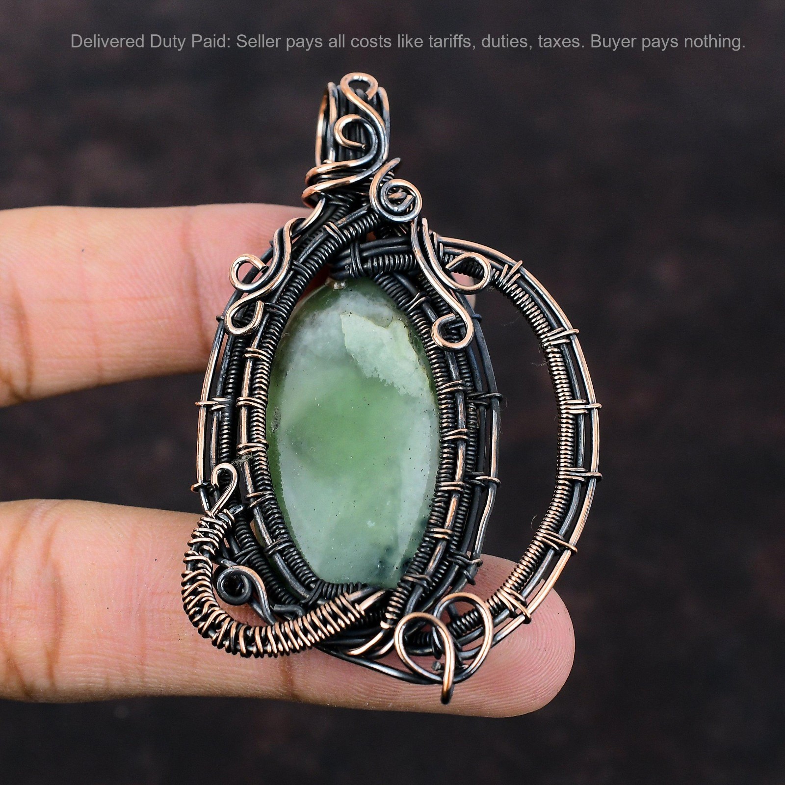 Oval Prehnite Gemstone Copper Anniversary Wire Wrapped Sister Engagement Pendant