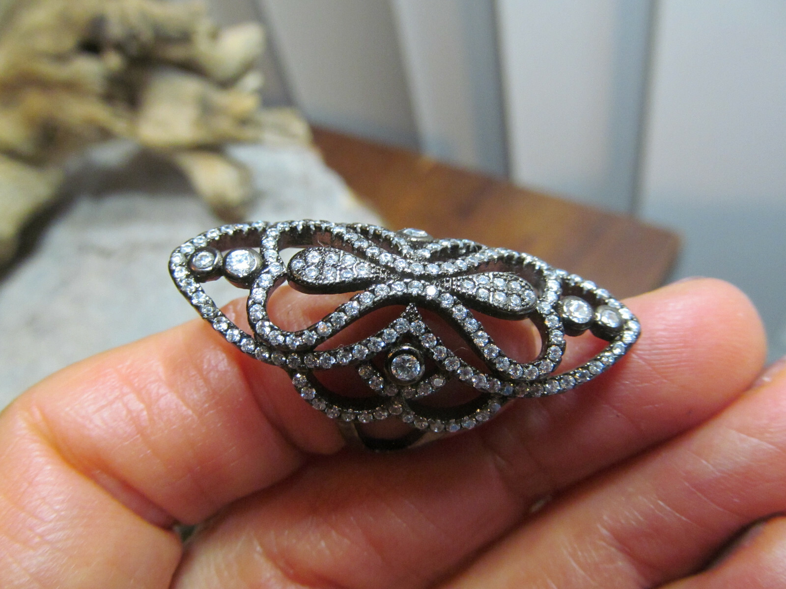 925 Gun Metal Sterling Silver Filigree Navette shaped CZ crystal Ring 5s, 7.2g