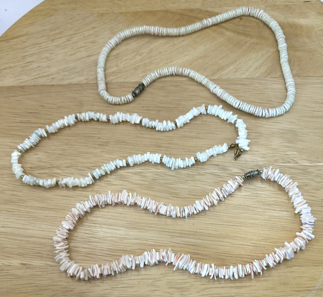 Three Vintage 2 Pale Pink, 1 White Puka/Hawaiian necklaces, 2-16 in, 1-18 in
