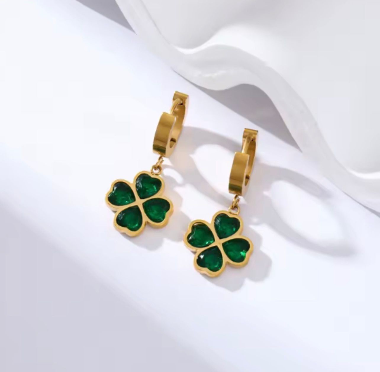 Women’s Gold Tone Green Four Leaf Clover Huggie Hoop Earrings Lucky Jewelry