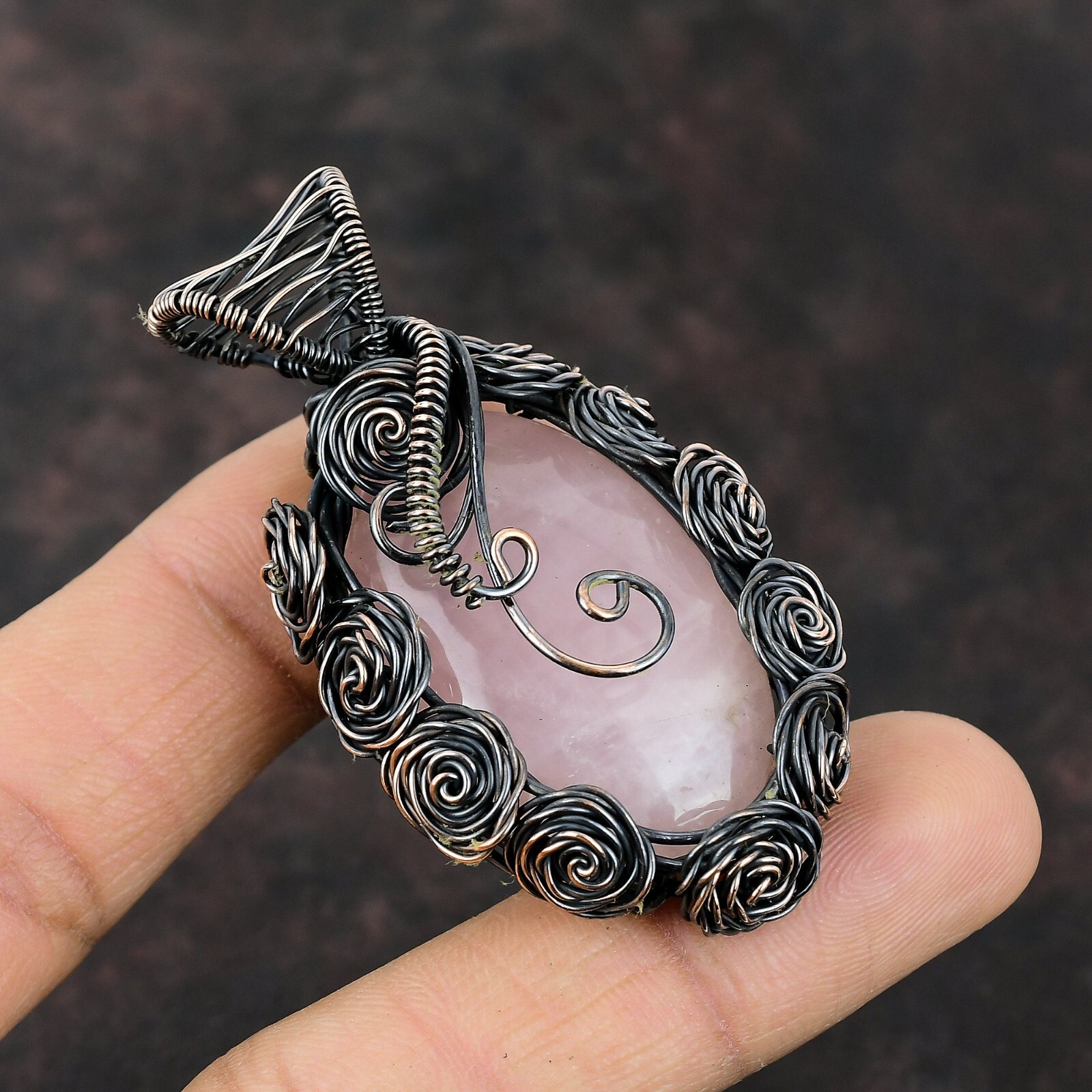 Rose Quartz Wire Wrapped Flower Pendant Handcrafted Copper Valentine Gift 2.28″