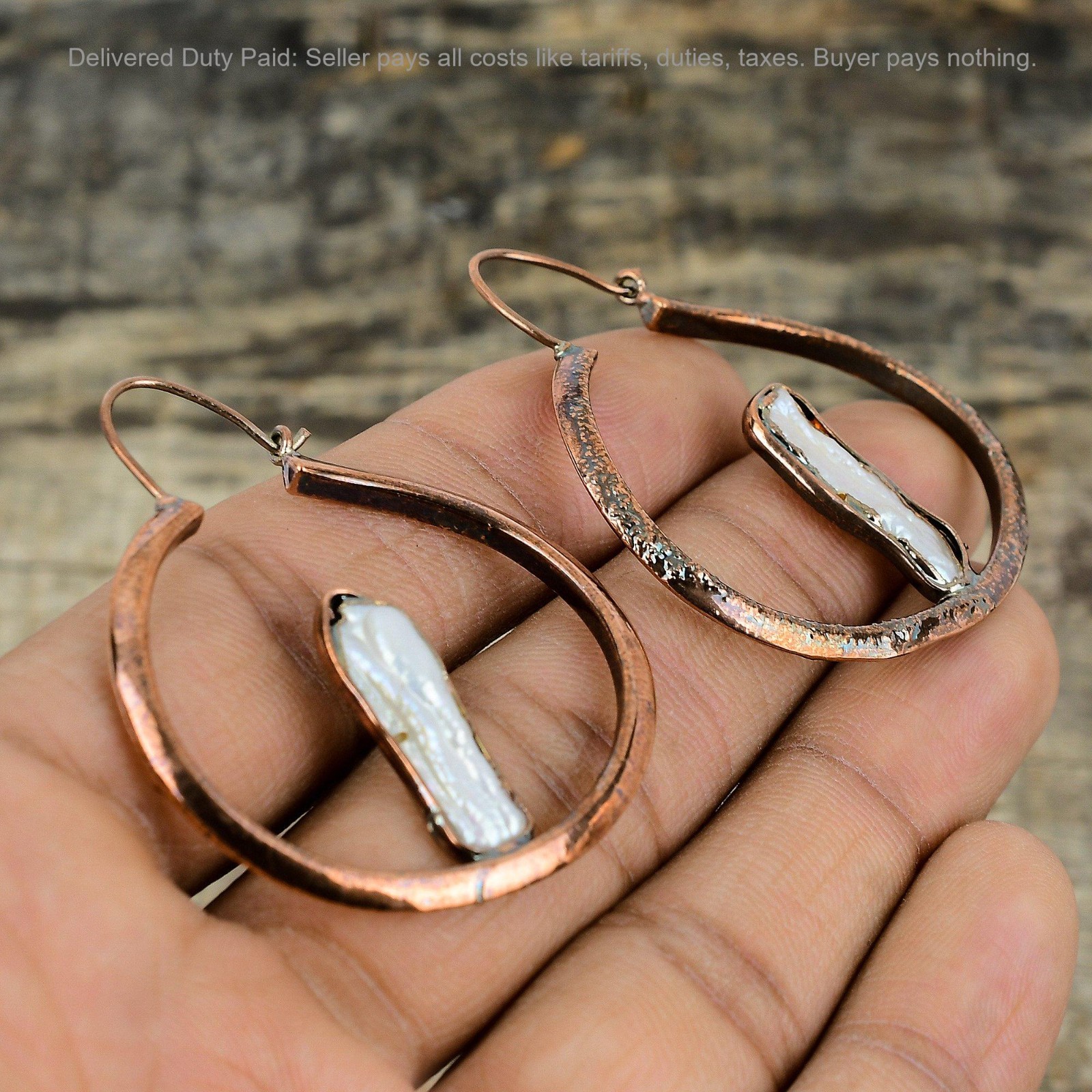 Biwa Pearl Gemstone Electroformed Boho Dangle Ethnic Handcrafted Earrings Copper