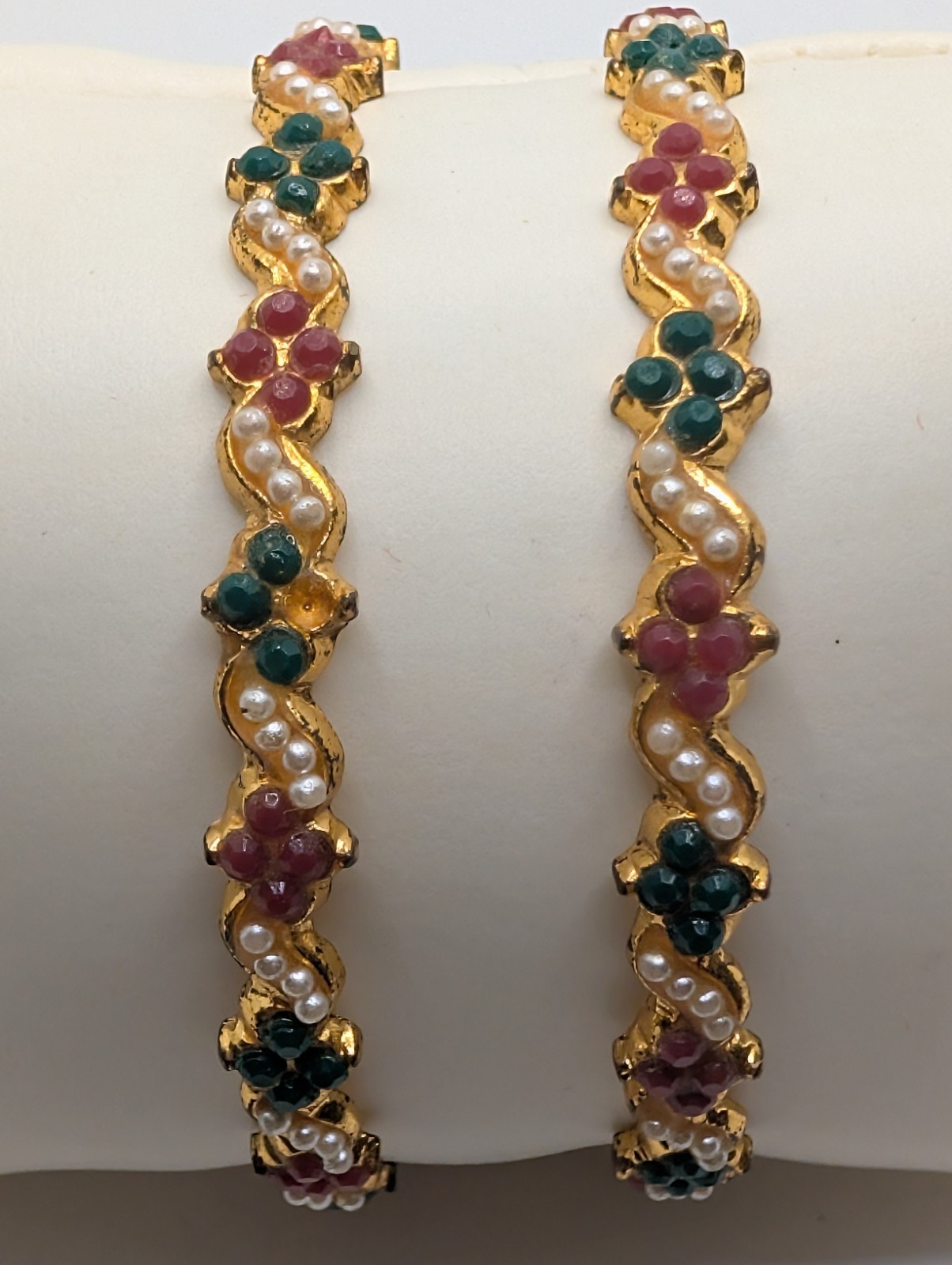 Gold color finish White, Green & Red Bangle Set of 2 Bracelets -7″