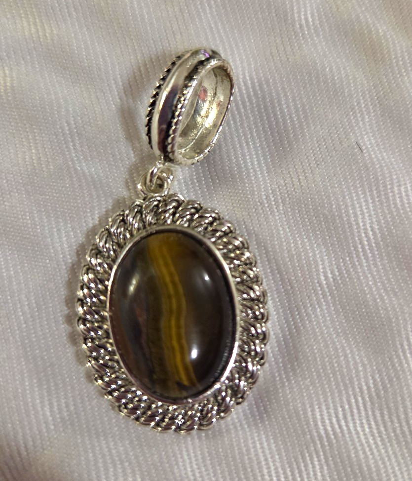 Vintage Avon Oval Brown Tiger’s Eye Charm Pendant, Silver Plated Bezel Setting
