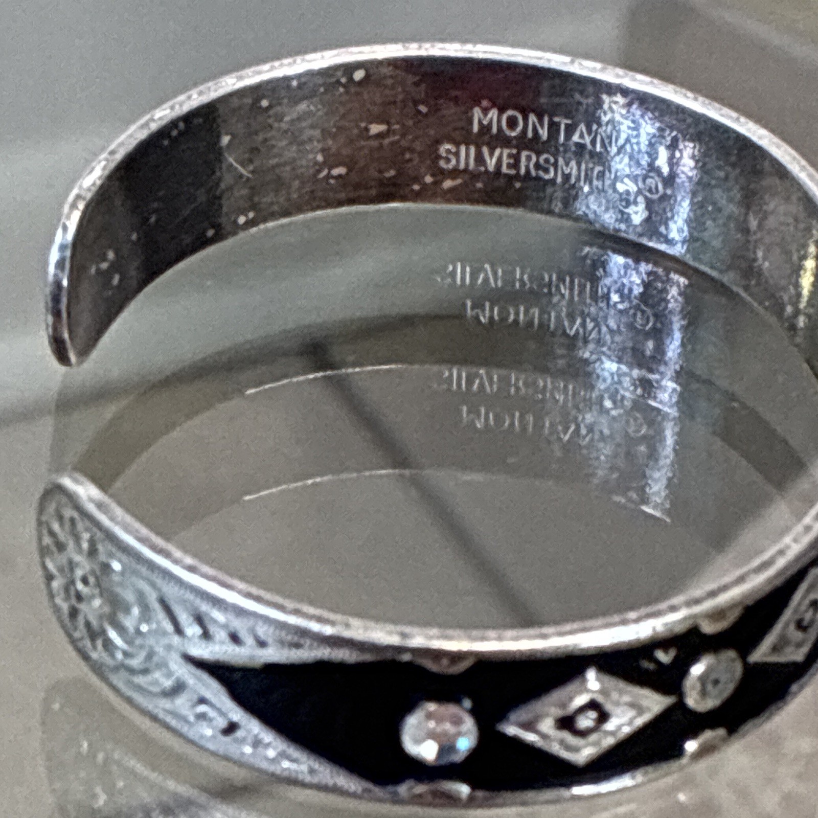 Montana Silversmiths Signed Silver Tone Black Enamel Crystal Cuff 16481