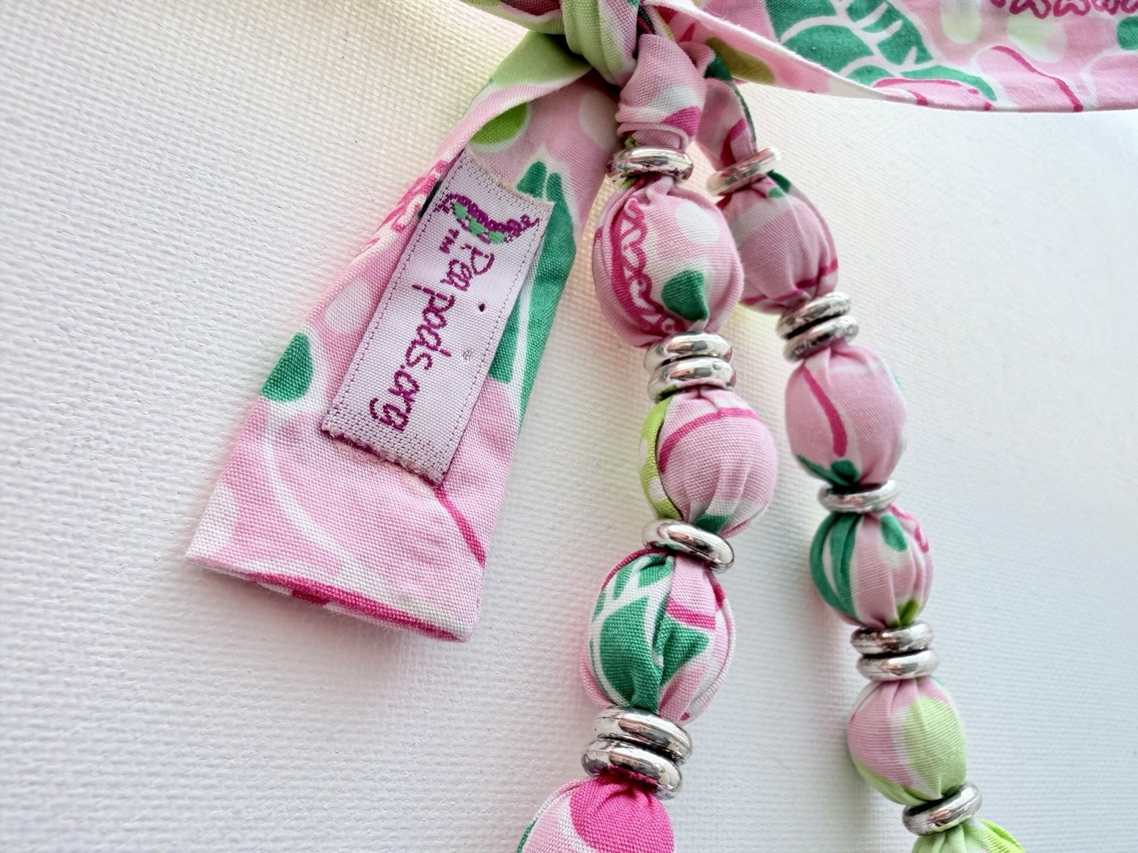 Pea Pods Fabric Bead Necklace Pink Green Floral Adjustable Tie Boutique