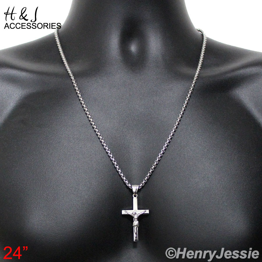24″MEN Stainless Steel 2mm Silver Smooth Box Link Chain Jesus Cross Pendant*P62