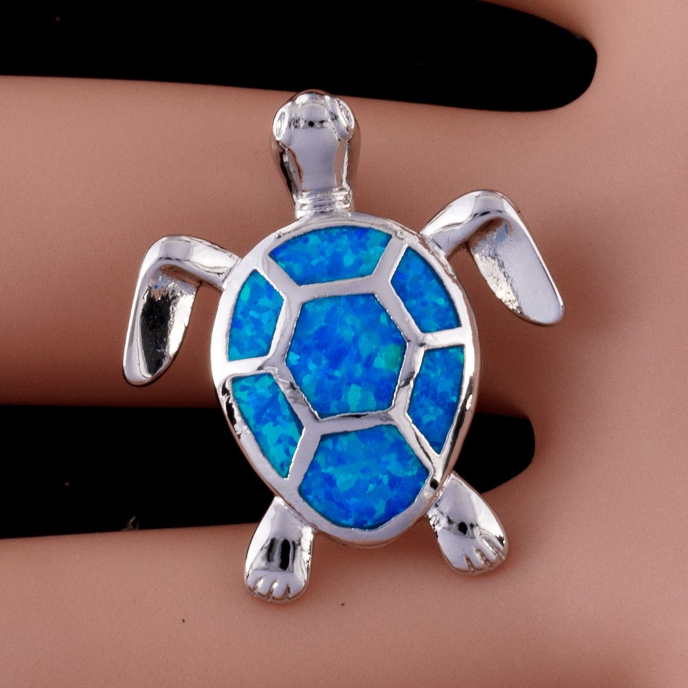 Green Sea Turtle Ocean Blue Fire Opal Silver Jewelry Necklace Pendant