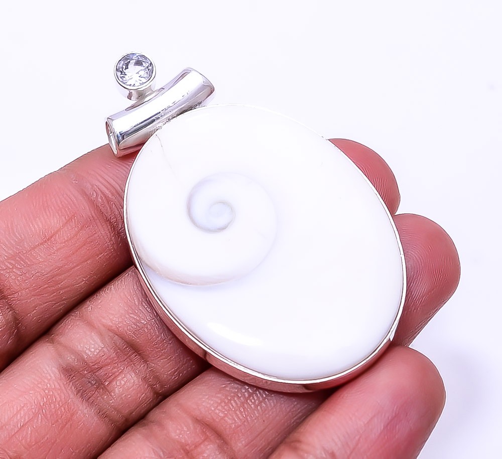 Natural Shiva Eye Shell & White Topaz 925 Sterling Silver Pendant 2.15″ P38