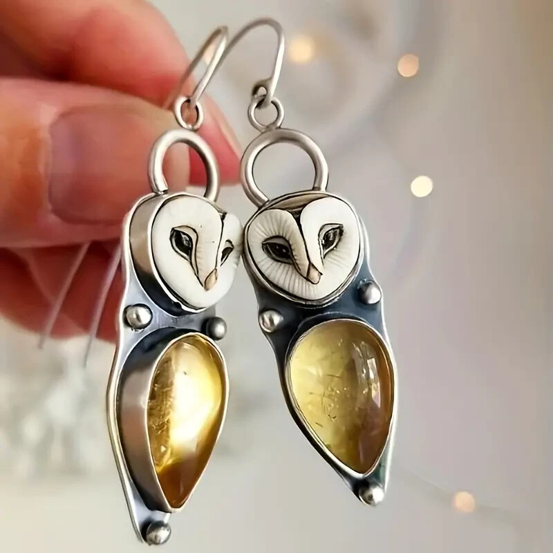 Owl Design Synthetic Gems Inlaid Dangle Earrings