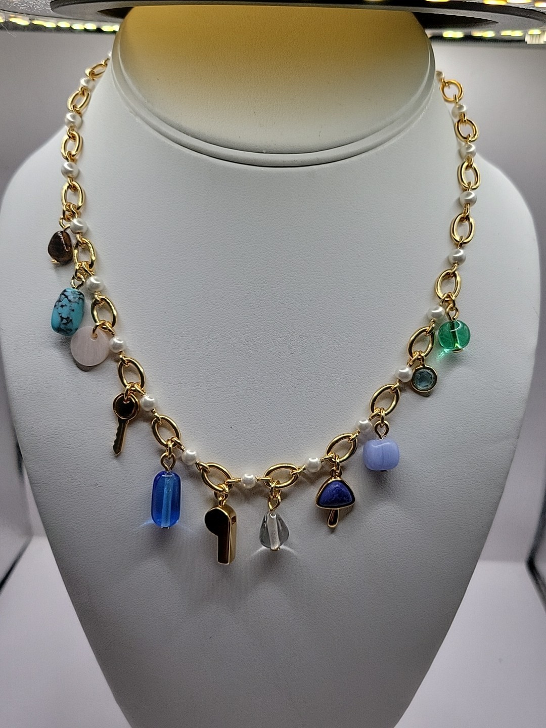 J.CREW nwt Mixed Material Gold & Pearl Charm Necklace Mushroom ,key,whistle