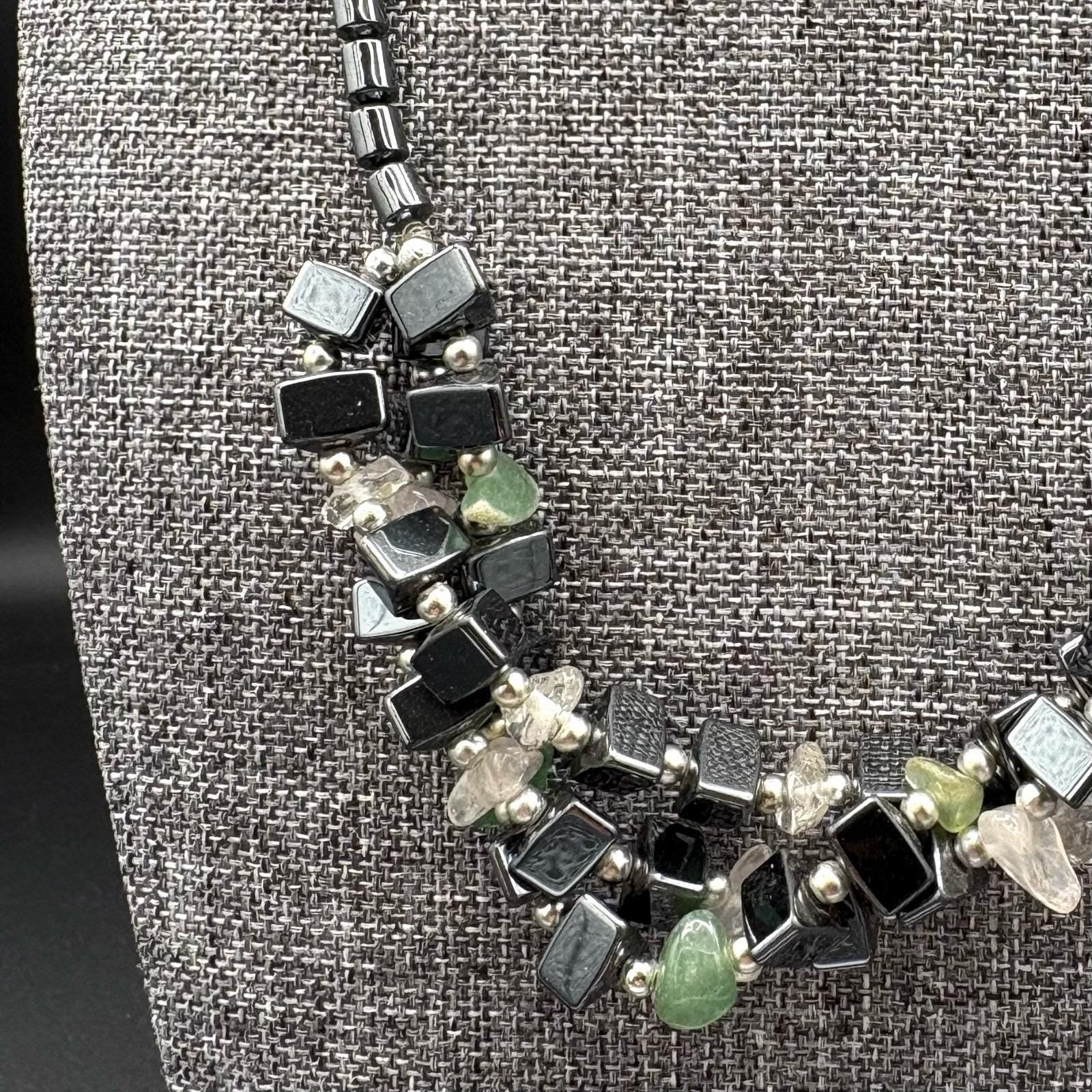 Vintage Chunky Hematite Gemstone Cluster Necklace Green Aventurine Quartz Boho