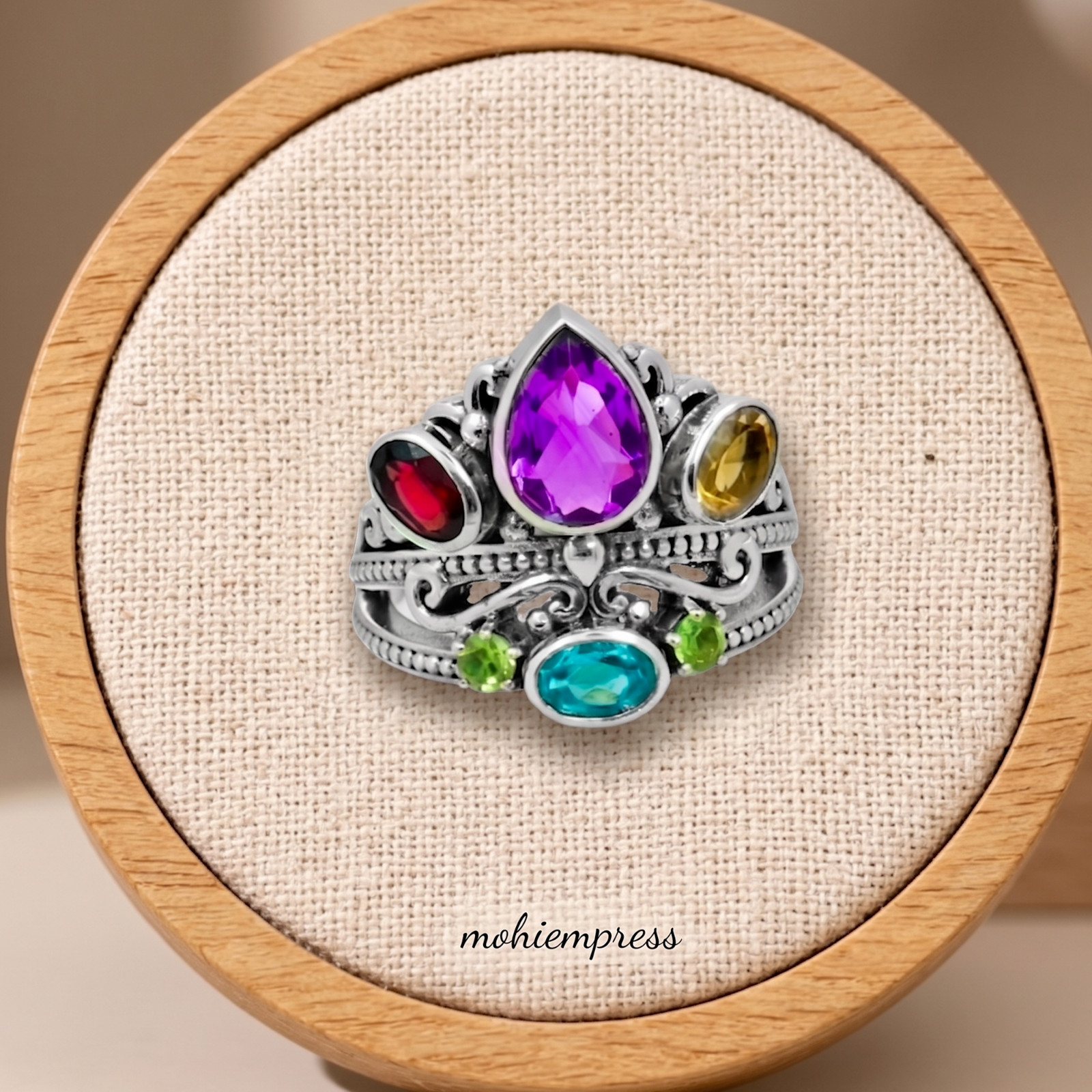 Multi Gemstone Statement Ring 925 Sterling Silver, Vintage Crown Ring