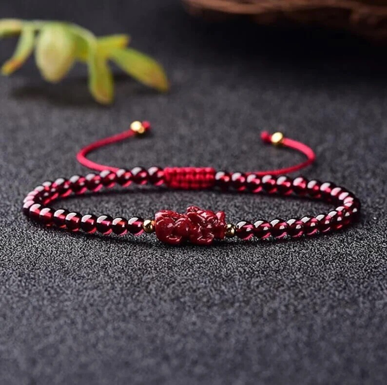 Natural 4mm Garnet Stone Beaded Pixiu Bracelet for Good Luck Success Hand Woven