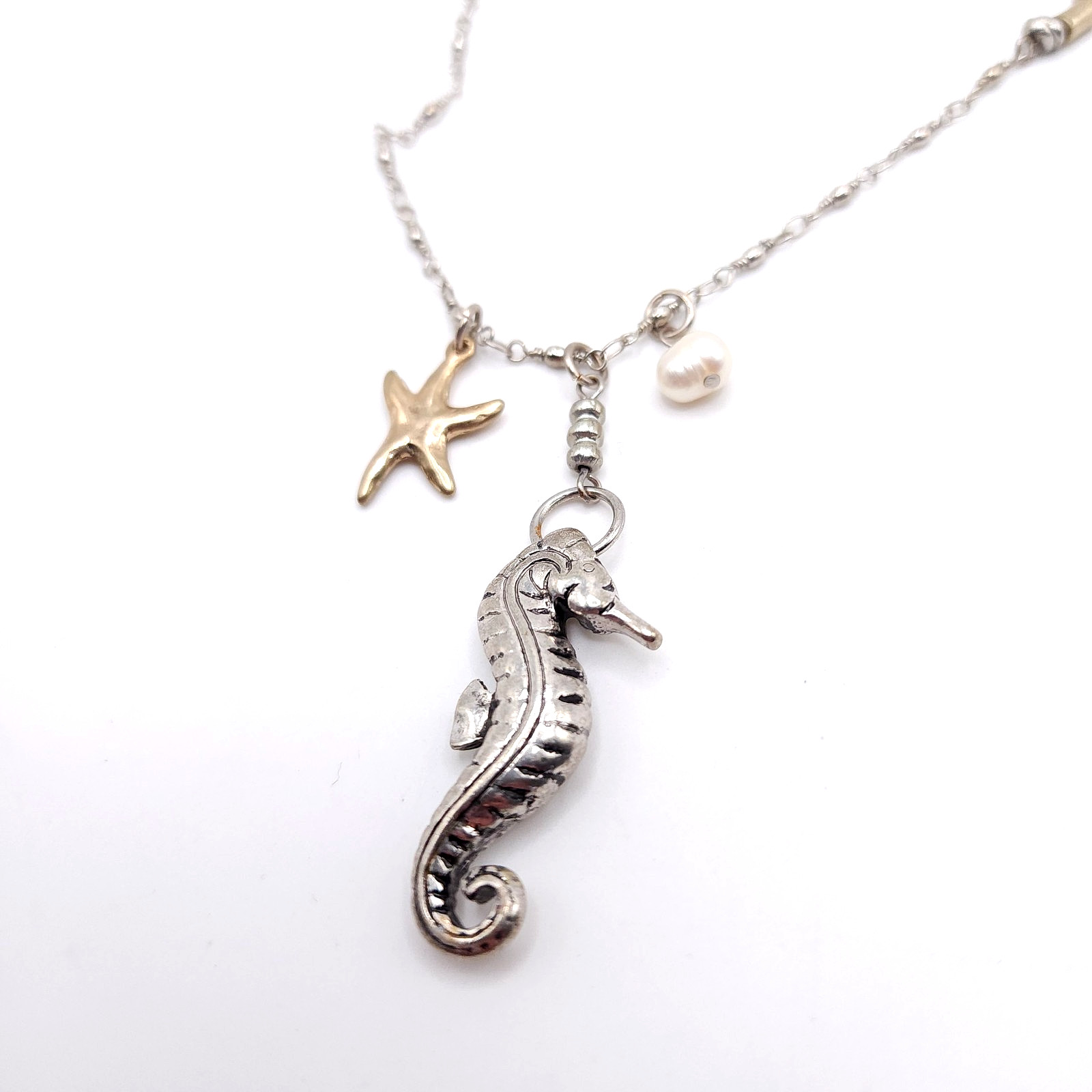 Silver Seahorse Pendant Necklace Starfish Faux Pearl Coastal 32in