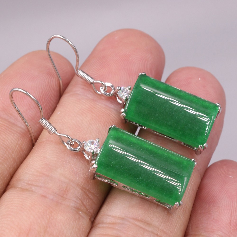 Yellow Plated Alloy Heated Green Jade Rectangle Charm Dangle Earrings 38mm H