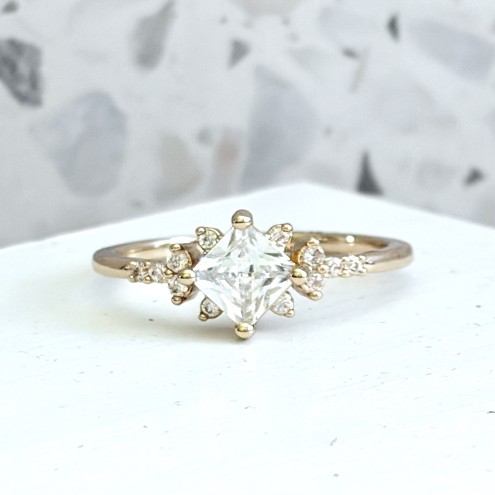 14k Yellow Gold & 925 Sterling Simulated Sapphire Princess Cut Kite Women’s Ring