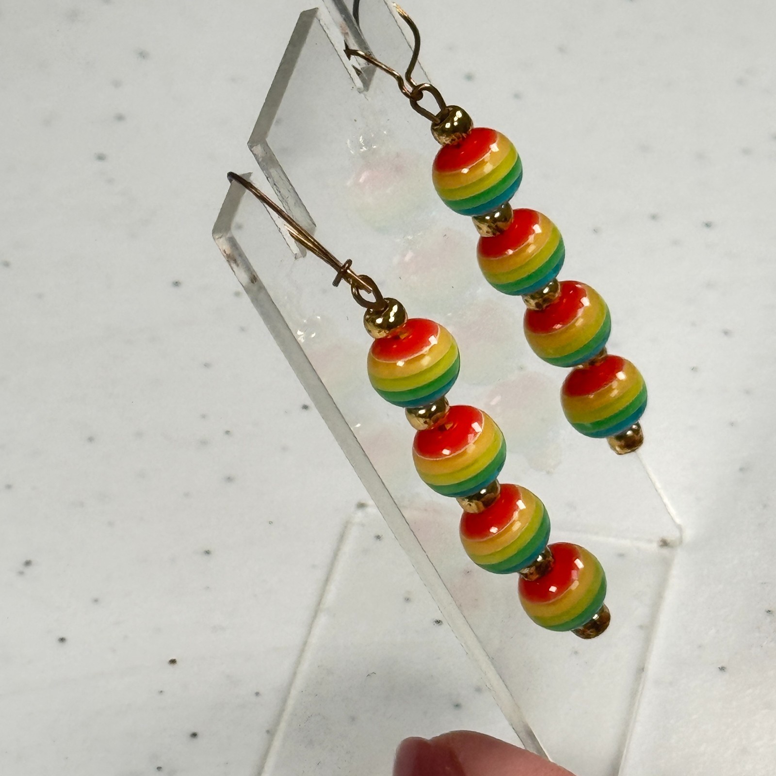 Vintage Pierced Earrings Rainbow Stripe Beaded Dangle Colorful Lucite Mod Retro