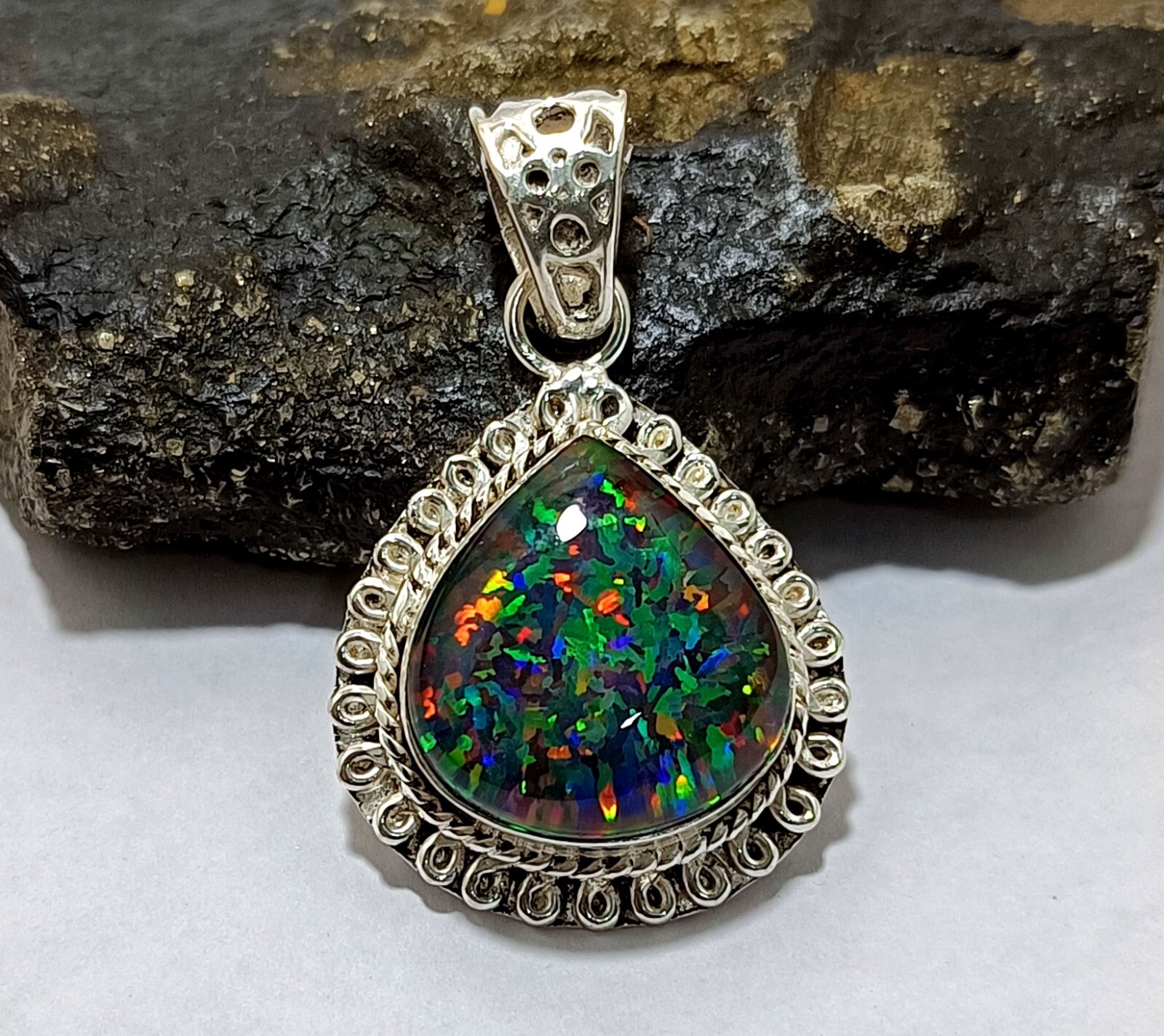 30.10 Ct Unique Natural 925 Silver Multi Fire Opal Doublet Pear Pendant Gemstone