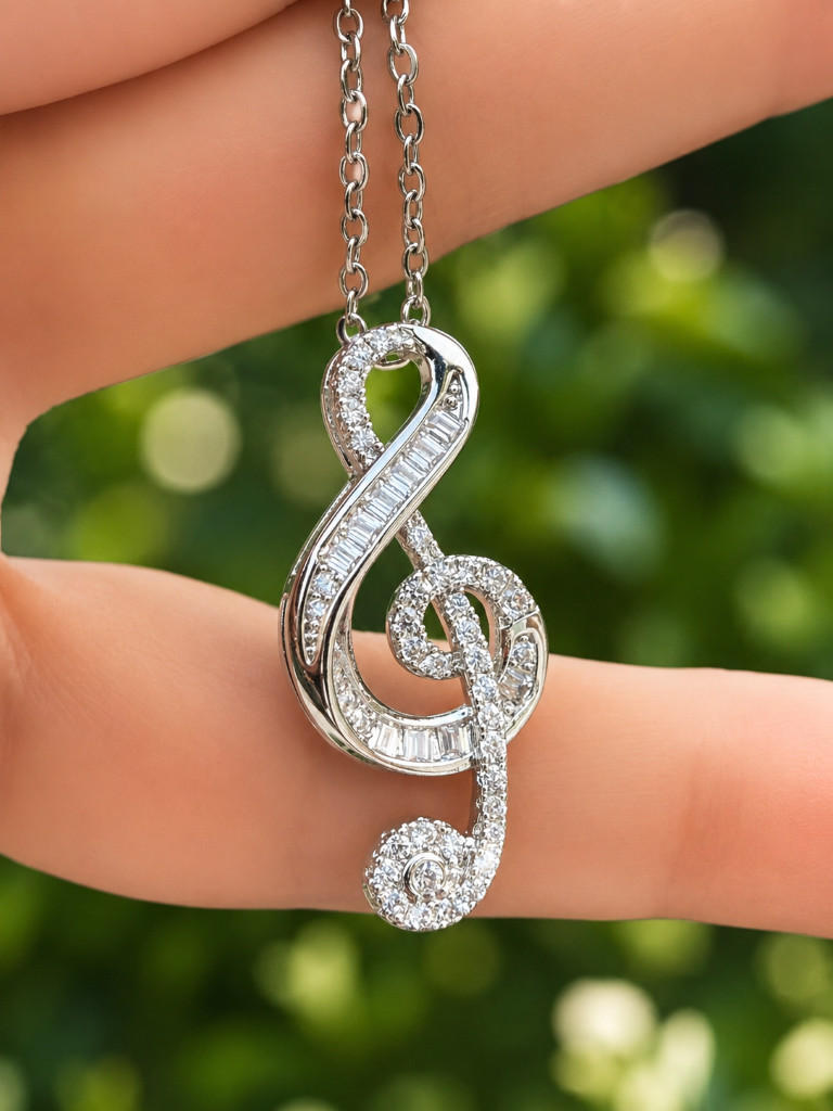 Silver Music Note Shape lab Diamond Zircon Necklace