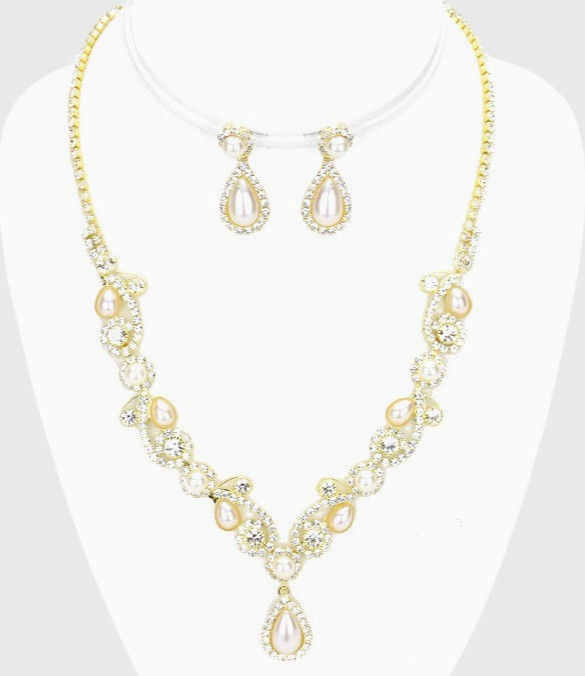 OFF WHITE, CREAM PEARL CRYSTAL, BRIDAL WEDDING PROM FORMAL NECKLACE JEWELRY SET