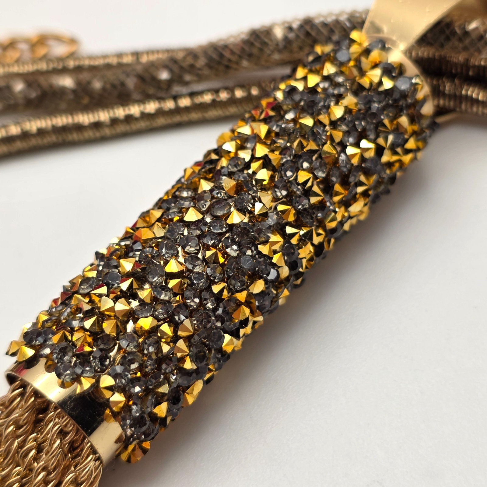 Gold Tone Mesh Chain Tassel Necklace Earrings Set Crystal Statement 31 In Adj.