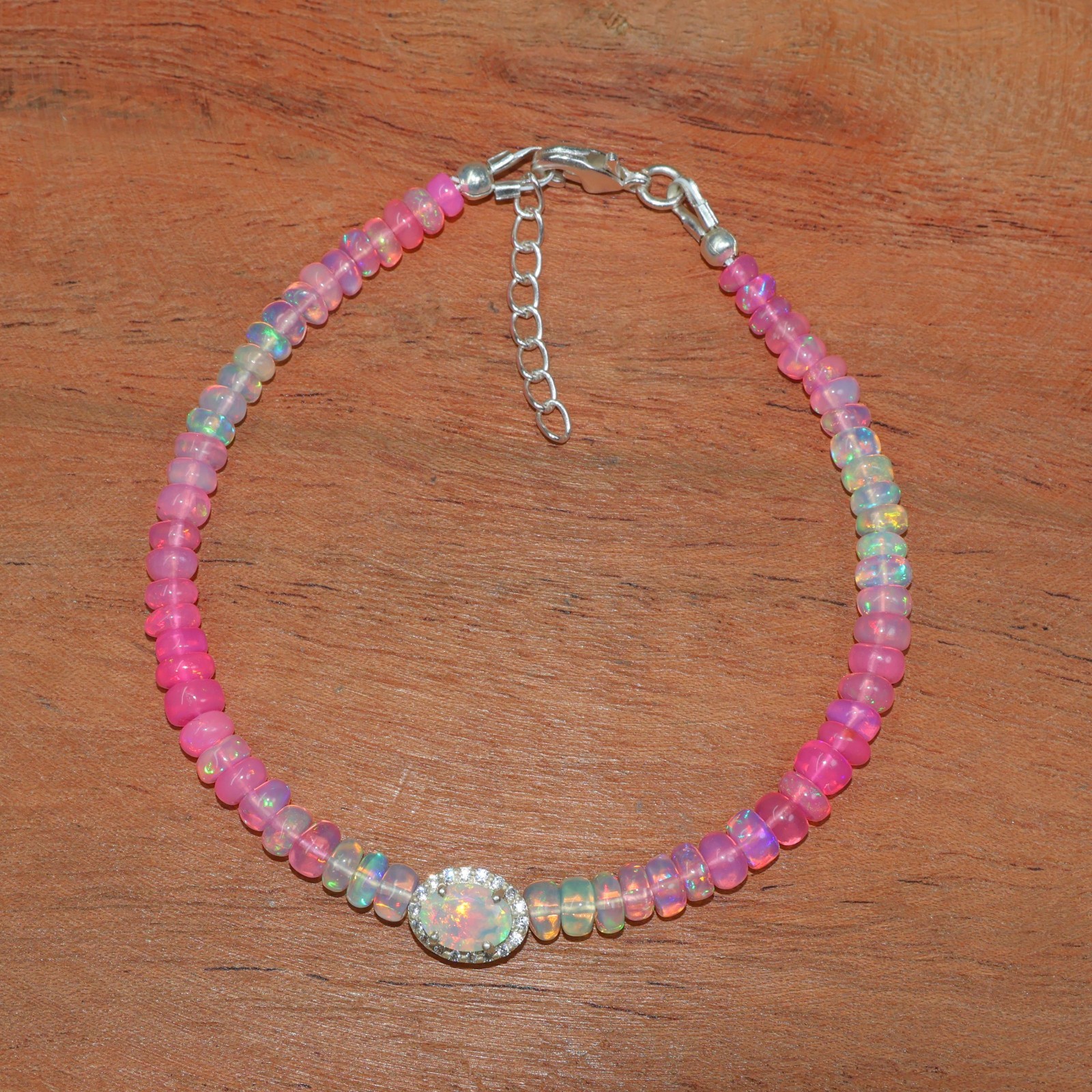 Pink Opal Gemstone Shaded Beaded Bracelet, Ethiopian Fire Opal Oval Bracelet