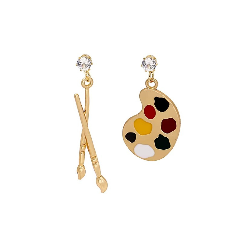 Gold Tone Paint Palette Multicolor Glass Crystals Earrings Art Teachers