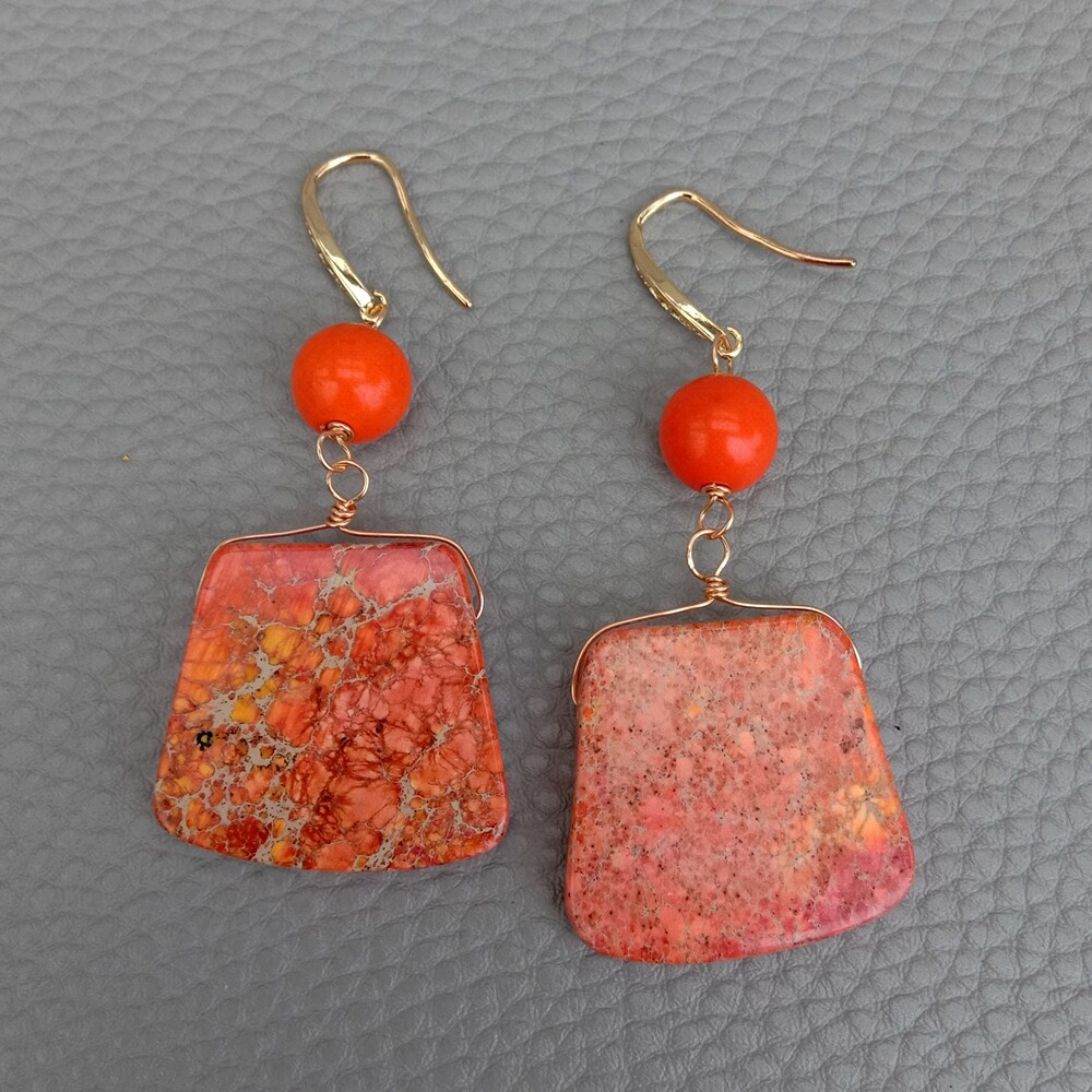 Orange Color Sea Sediment Jasper Trapezoid Shape Drop Earrings Gold Plated Hook
