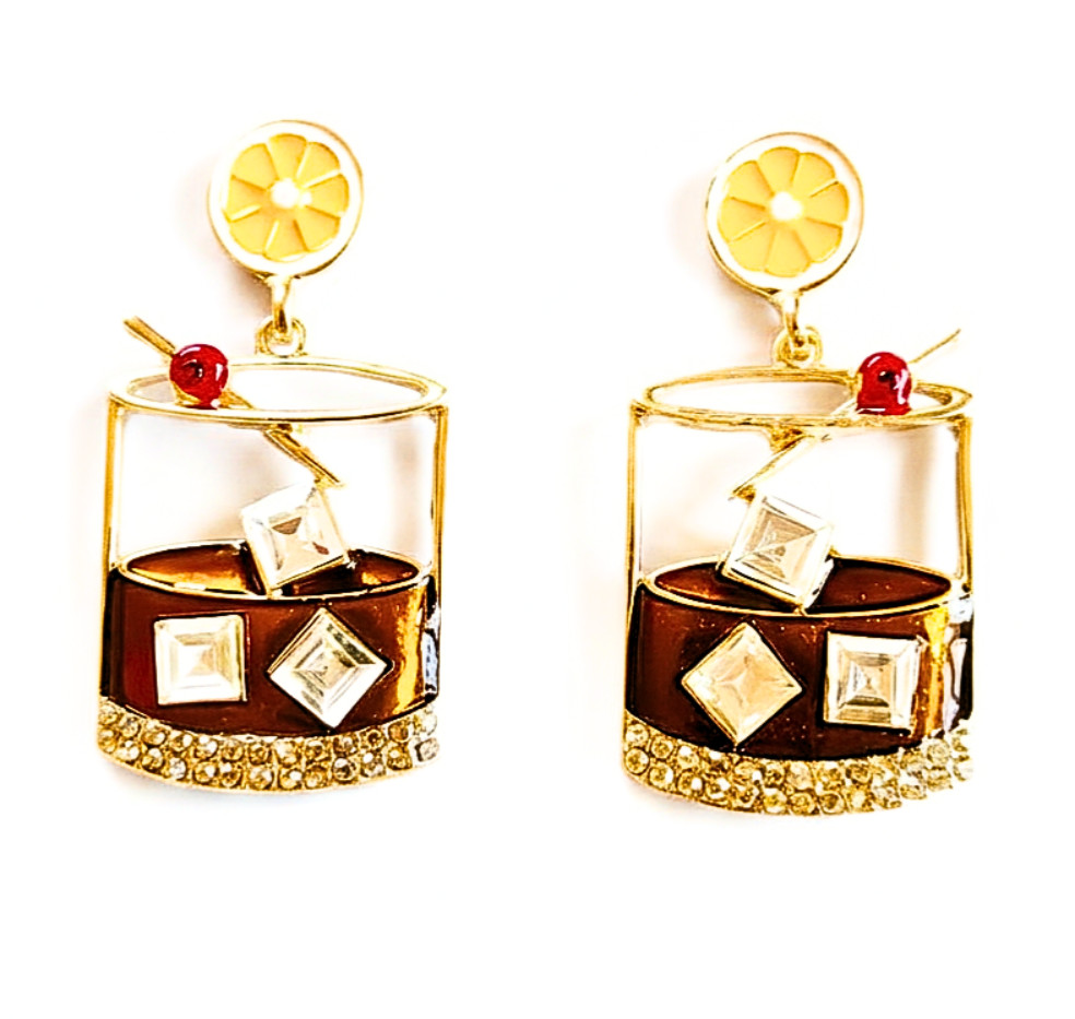 Whiskey Cocktail Glass Dangle Earrings / Bartender Novelty Jewelry – Festival