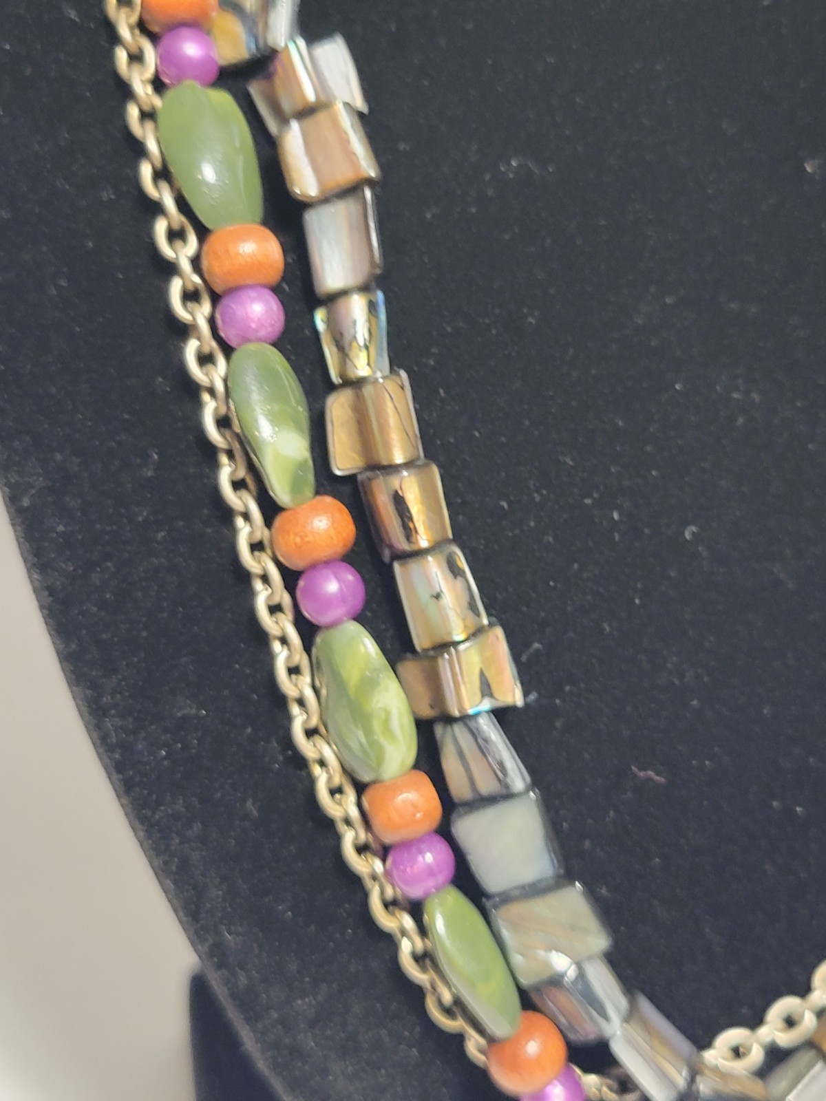 Multi Strand Beaded Boho Necklace Shell Wood Green Purple Iridescent Layered 21″