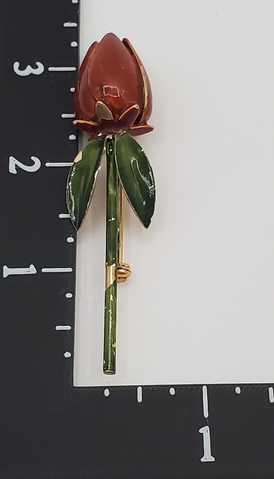 VTG Tulip Brooch 3in Brown Green Enamel Flower Stem Estate Parts Restore FLAW