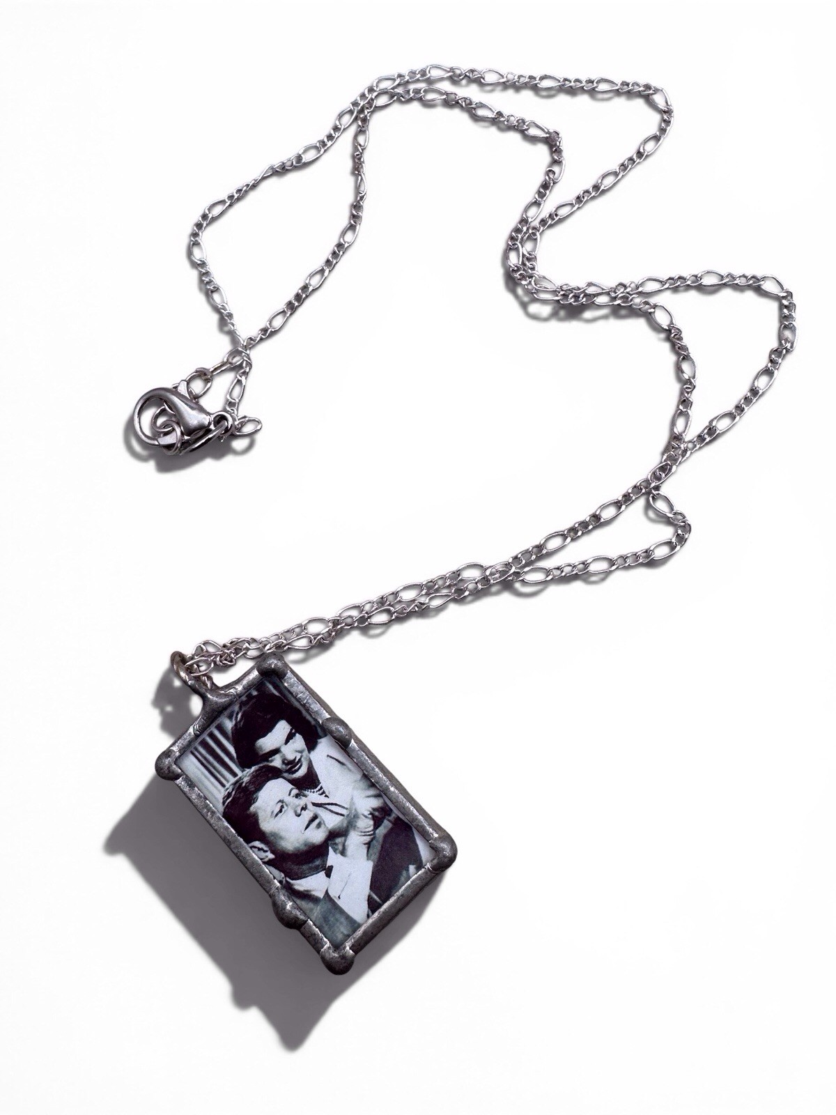 Silver Tone Rectangle Photo Holder Pendant Necklace, Cable Chain, Lobster