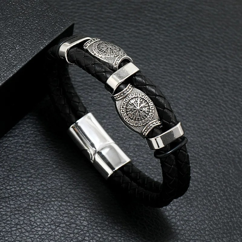 Men’s Black Leather Bracelet Multilayer Braided Rope Scripture Sun Vintage