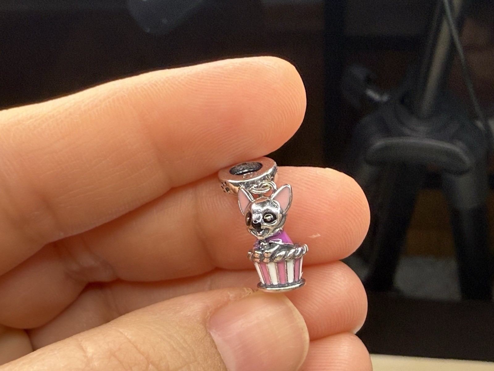 Silver Tone Dangle Animal Charm Pink & White Enamel Mouse Popcorn Bucket