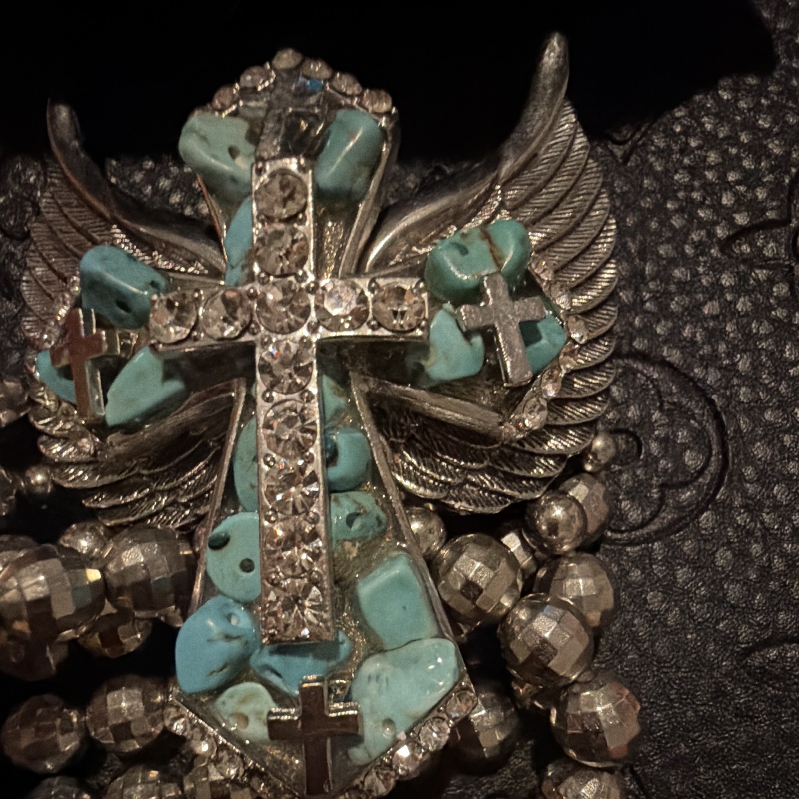 Multi-Strand Silver Tone Beaded Bracelet Turquoise Dangle Winged Cross Charm