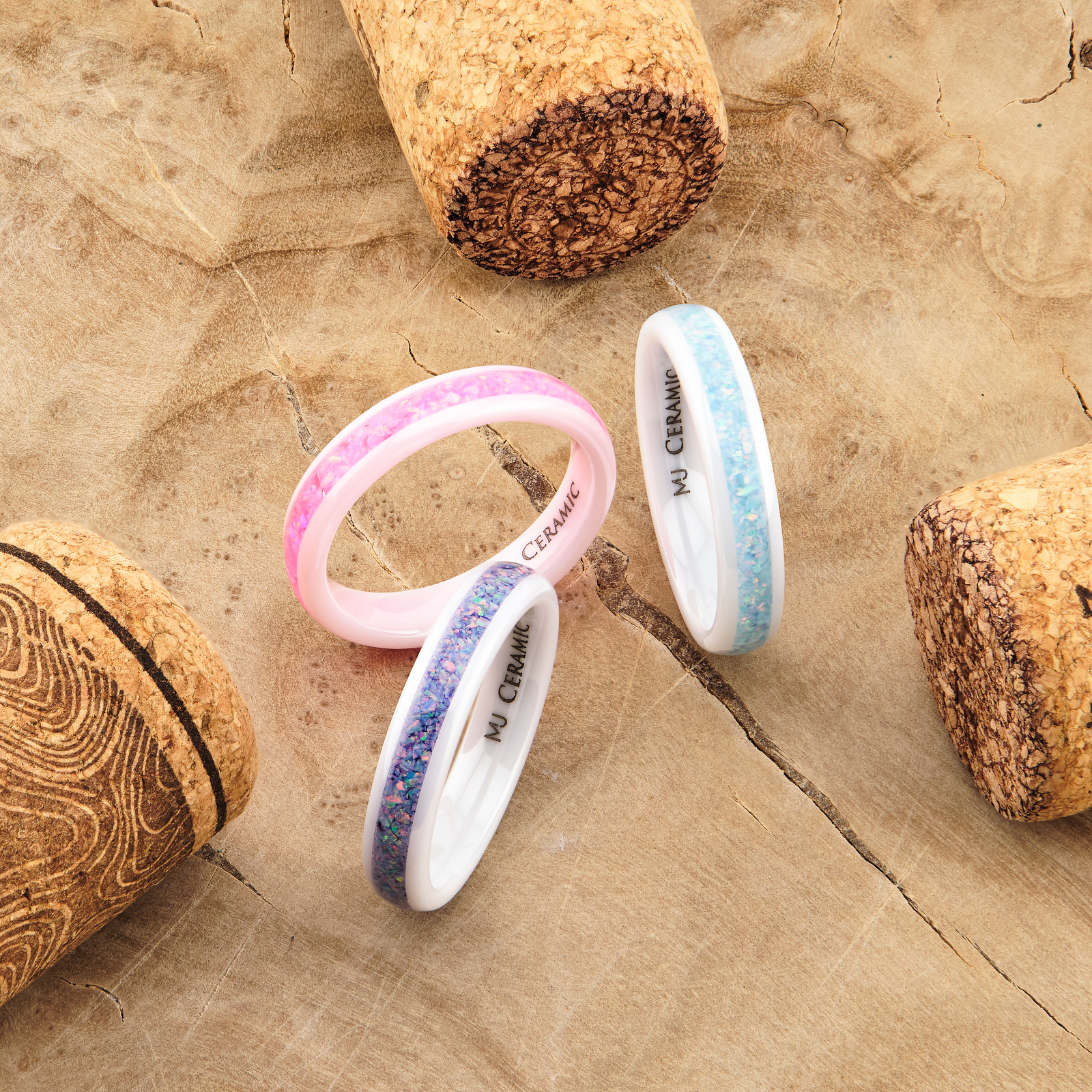 White Ceramic rings Rainbow, Lavender, or Pink Mimosa Opal inlay comfort fit 4mm