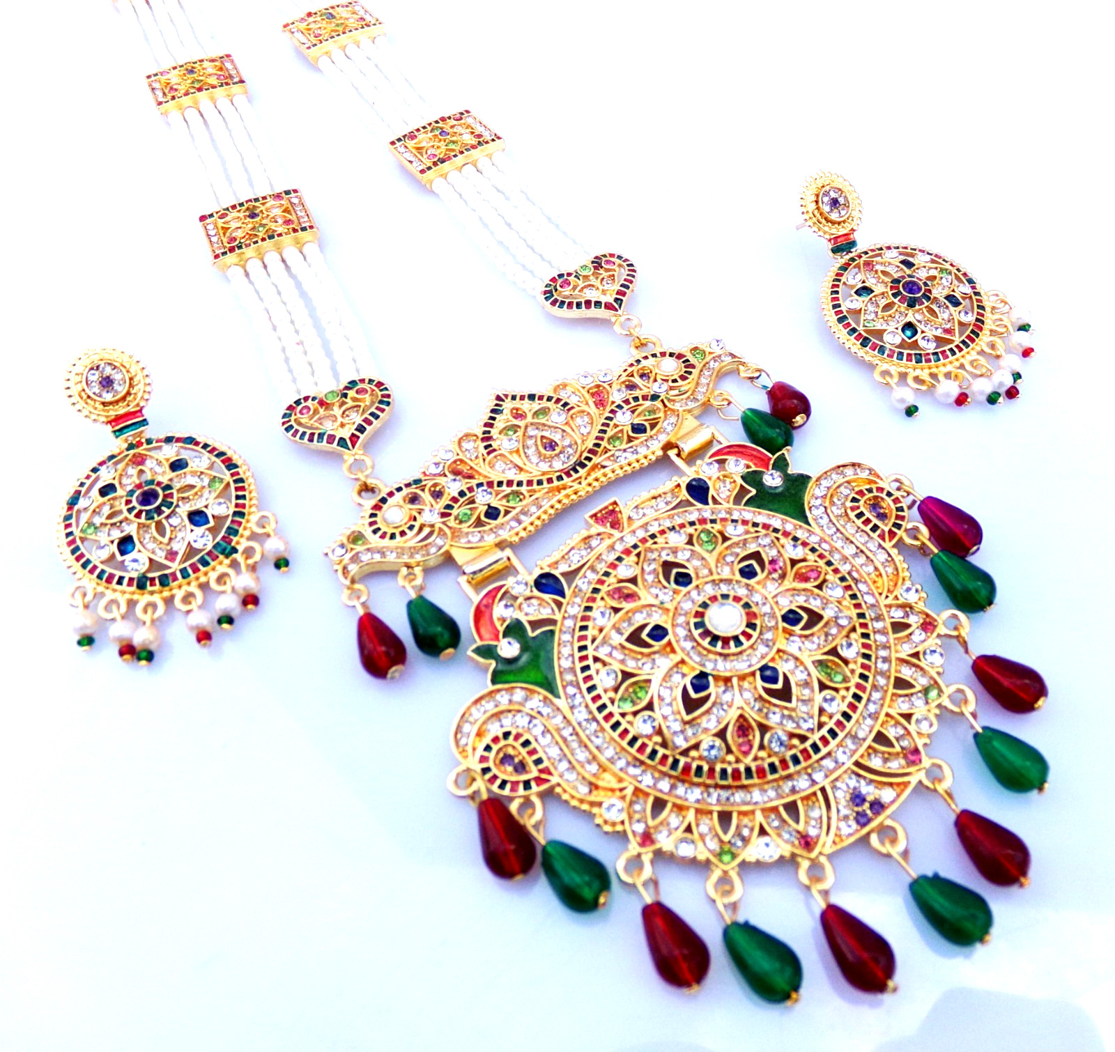 Indian Bollywood Gold Plated Pearl CZ Long Bridal Necklace Earrings Jewelry Set