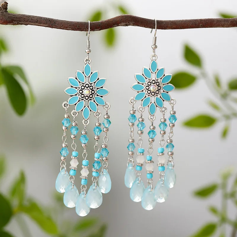 Bohemian Vacation Style Water Drop Tassel Earrings for Women Vintage Long Drop