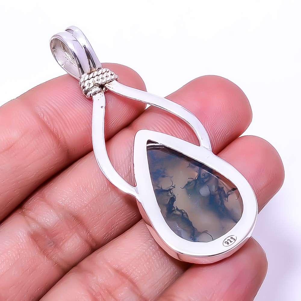 Moss Agate – India Designer Handmade 925 Sterling Silver Pendant 2.15″ P93811631