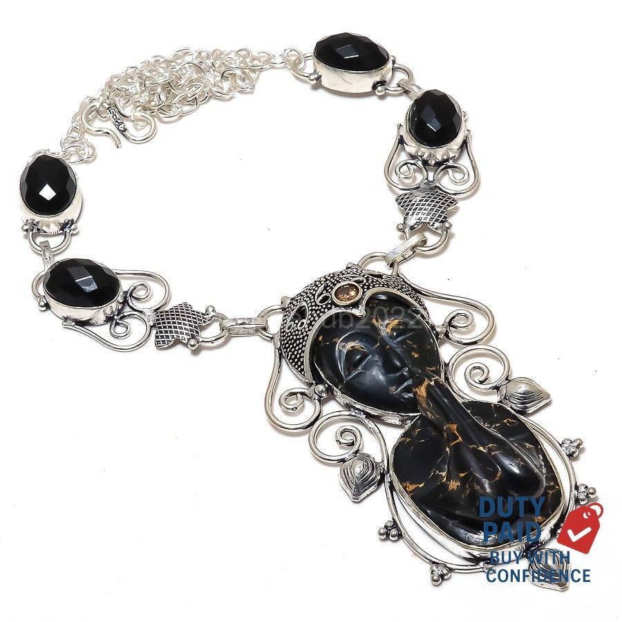 925 Silver Natural copper black turquoise Hook Birthday Vitange Necklace Jewelry