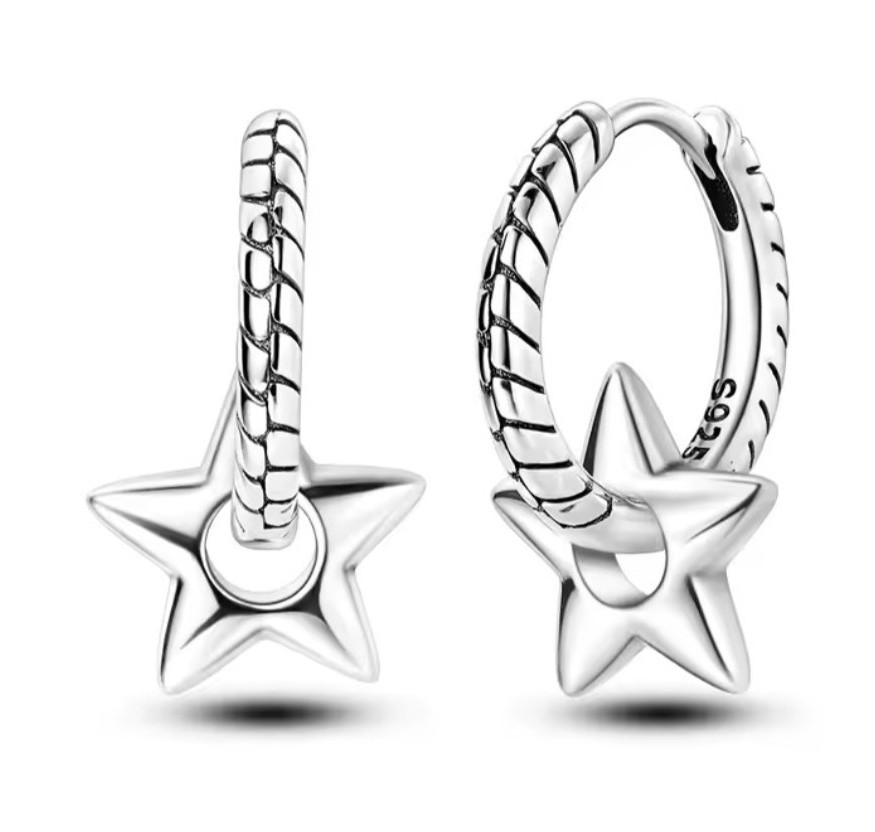 Sterling Silver Hinged Huggie Hoop Earrings Star Dangle Charm Signed .925