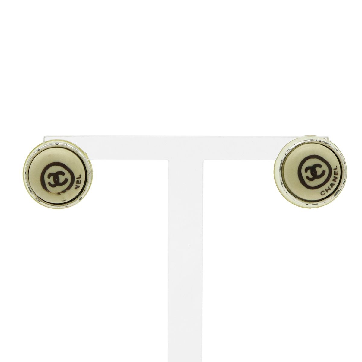 CHANEL COCO MARK ROUND EARRINGS BEIGE SILVER PLASTIC METAL 00T