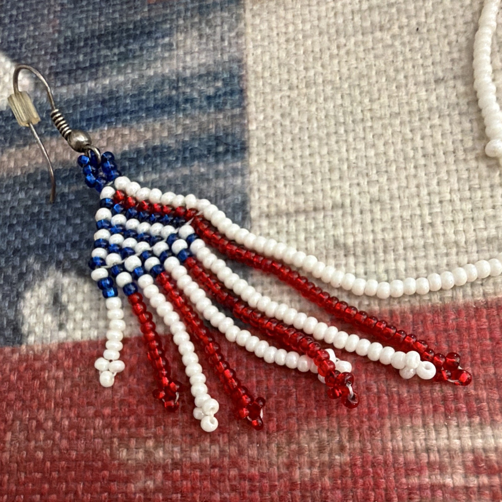 Red White Blue Flag Beaded Dangle/Drop Earrings Hook Closure No Stone
