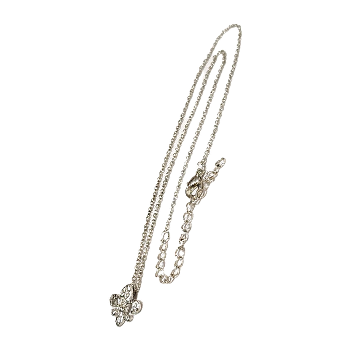 Dainty White Rhinestones & Silver Tone Fleur De Lis Pandant Charm Necklace 18″