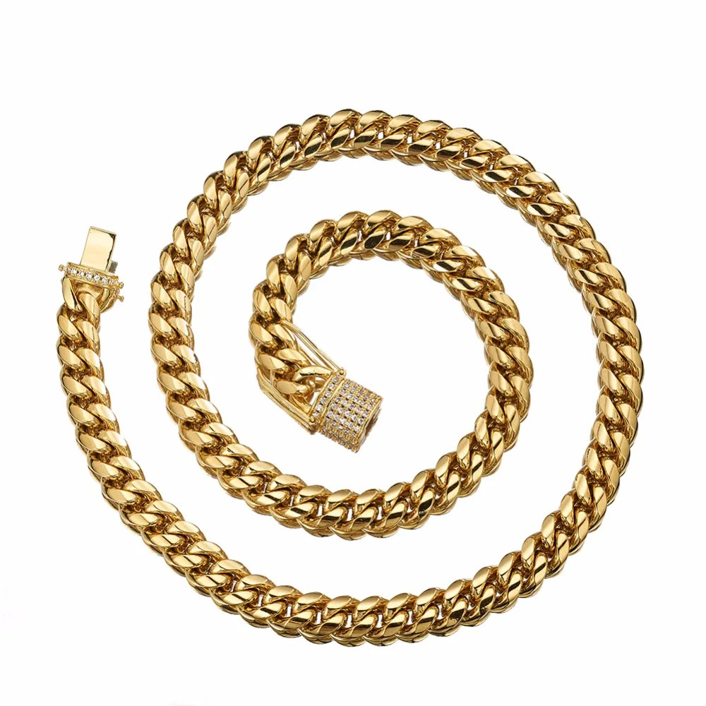 Stainless Steel Chain Necklace Miami Cuban Curb Link Gold Color Men Jewelry